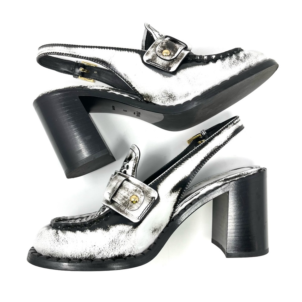 RARE Prada SS20 White Black Logo Brushed Leather Slingback Loafers Heels 39 9 - Picture 7 of 13